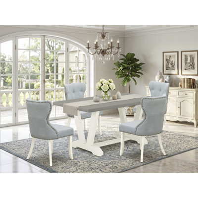 5-Pc Kitchen Table Set Consists of a Cement Dining Table and 4 Baby Blue Linen Fabric Parson Chairs with Button Tufted Back - Wire Brushed Linen White