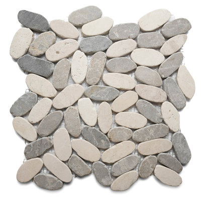 CNK Tile Oval Marble Mosaic Pebble Tile Grey White Stone Backsplash Shower Floor Tile Bathroom Wall Sheet Seamless Natural Look - 12" X 12"
