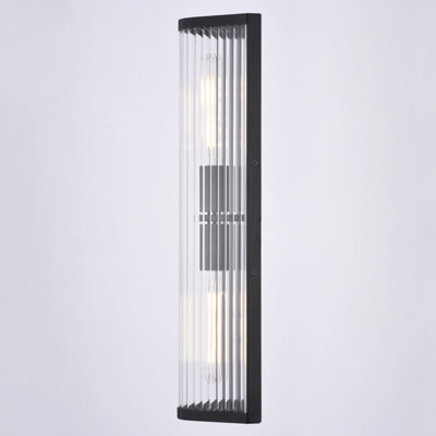 Barbier 2-Light 5.5 In. Wide X 22.25 In. Height Modern Contemporary Flush Wall Sconce With Clear Ribbed Glass Shade, Dimmable, LED Compatible, Metal Bathroom Vanity Lighting Fixture, Full Backplate, Vertical Or Horizontal Mount Bath Bar