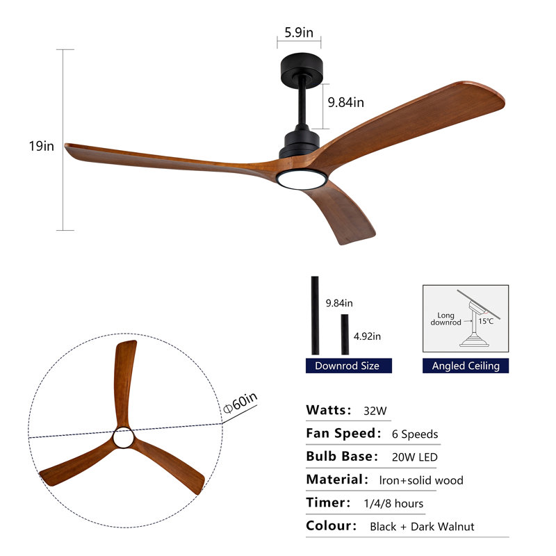 Wood Ceiling Fan With 3 Solid Wood Blades Remote Control Reversible DC Motor For Living Room, 60.03" Wide