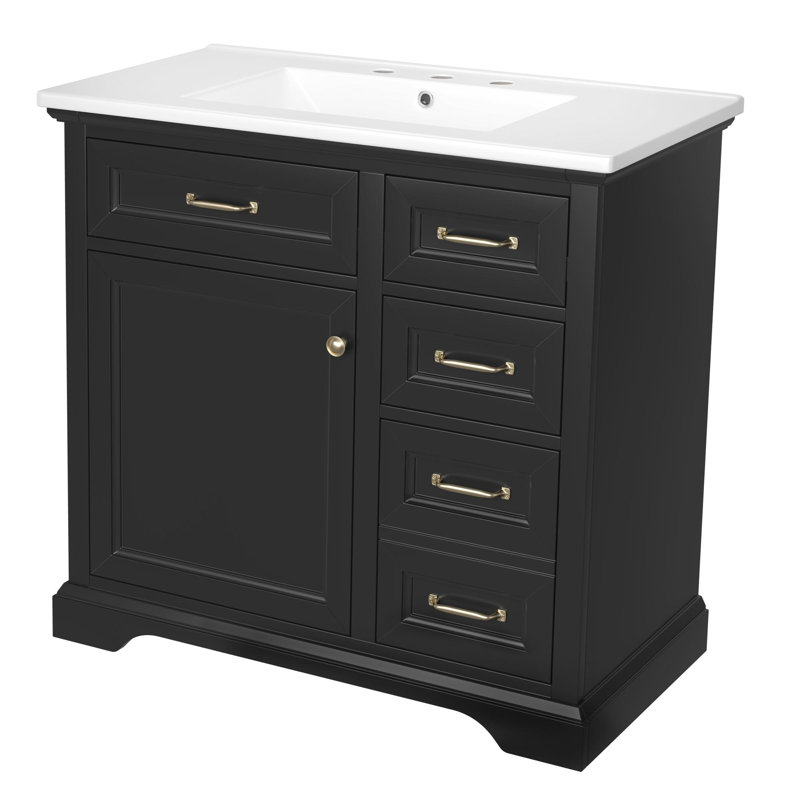 Meuble-lavabo 36 po avec lavabo en céramique, Noir, Doré