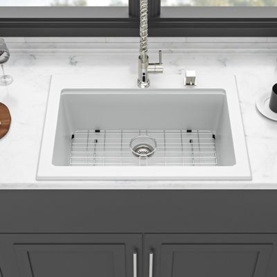 Évier de cuisine encastré 30 po x 22 po en quartz blanc, fonctionnement silencieux, réduction de la saleté, le paquet comprend un évier à planche à découper en composite de granit, résistant aux égratignures et résistant, protège les mains, avec