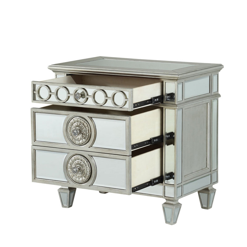 Table de chevet à finition miroir avec 2 tiroirs Glam, Clair