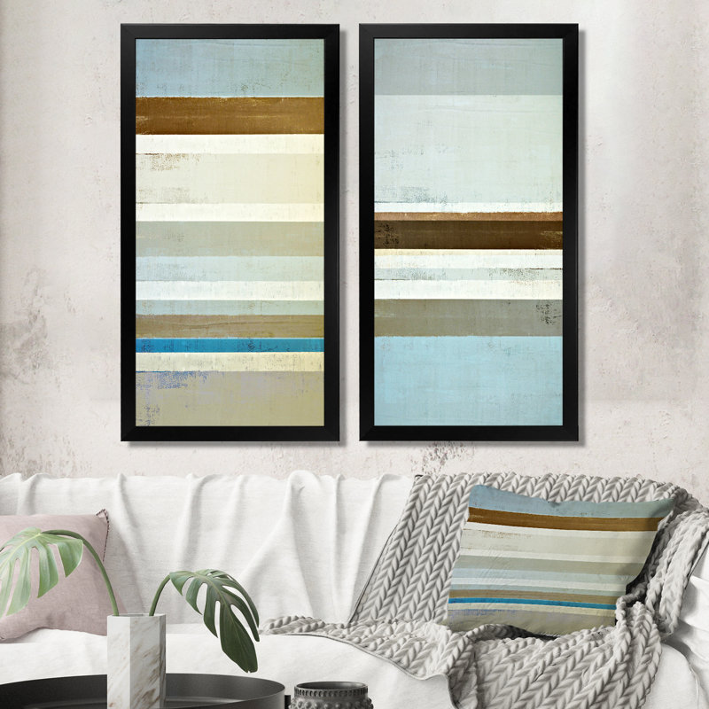 «Teal Meets Beige Abstract Stripes II», ensemble de 2 impressions sur toile, H 40 po x l 40 po x P 1 po, Cadre photo noir