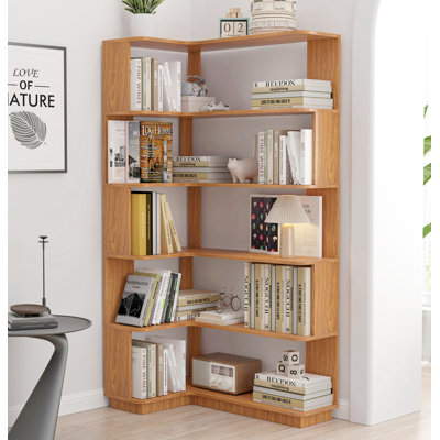 90cm (35.43") extended size 5-Tier Freestanding L-Shaped Corner Bookshelf For Living Room, Bedroom, home office Wooden Bookcase with anti-drop panel and anti tipping device, Display shelf Open storage