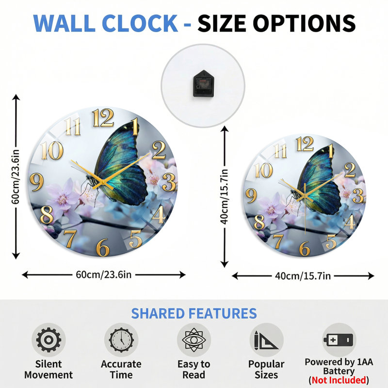 Horloge murale papillon en verre, 40 x 40 cm (15,7 x 15,7 pouces)