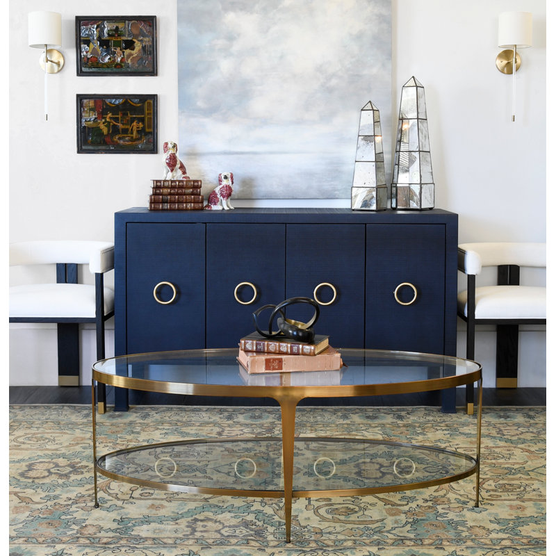 Rue 58'' Navy Linen and Brass Four Door Buffet