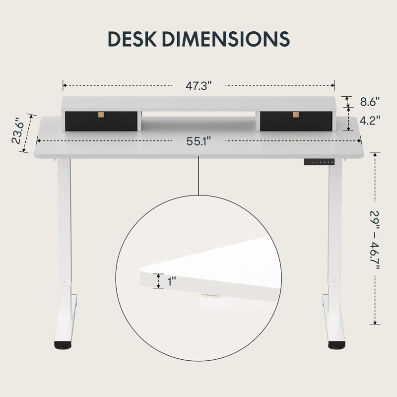 Bureau debout à hauteur réglable avec 2 tiroirs Lysandre Home Office, H 48,6 po x l 55,1 po x P 23,6 po, Blanc