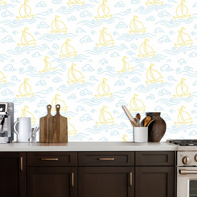 Peel and Stick Wallpaper Seamless ocean surf wave ships blue sailboat Cute Contact Paper Removable Self Adhesive Wall Mural Wall Decor for Bedroom Kitchen Cabinets 24in x 118in
