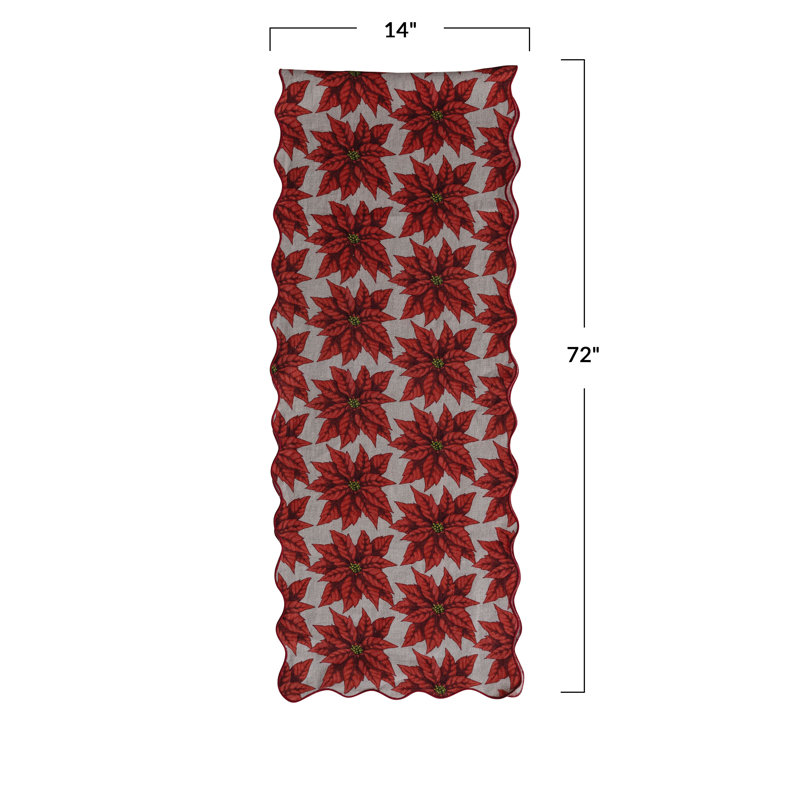 Scalloped Linen Table Runner with Poinsettia Print