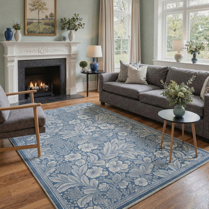 Floral Foliage Machine Washable Celestial Blue Indoor Area Rug With Non-Slip Backing, Rectangle 8' x 10'