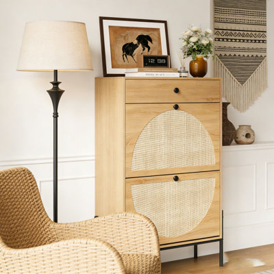 2-Door Shoe Storage Cabinet with Rattan Fronts & Drawer