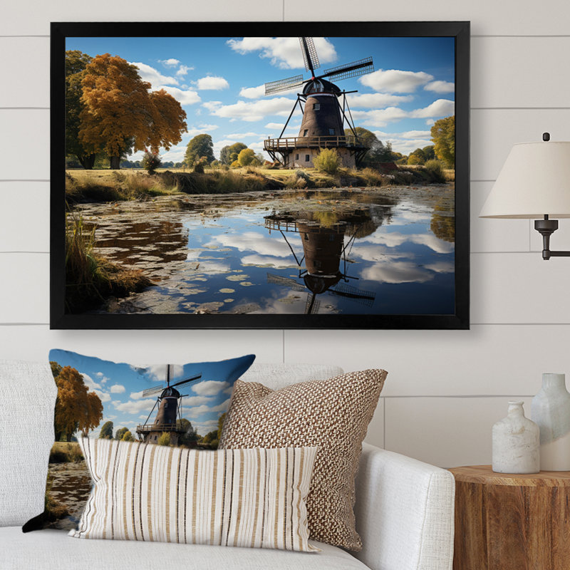«Holland Windmill Reflections II», reproduction sur toile, Cadre photo noir, H 12 po x l 20 po x P 1 po
