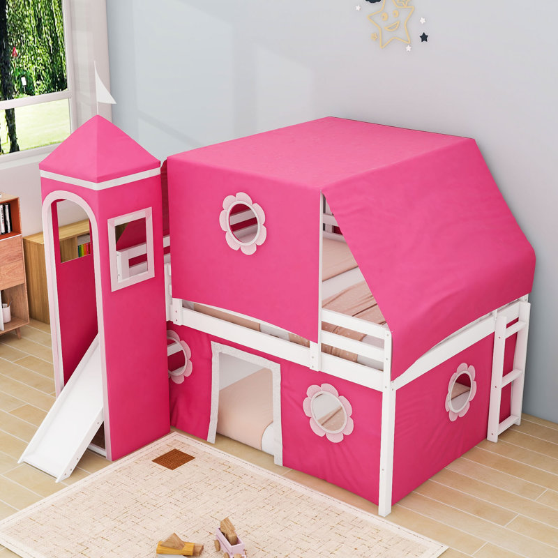Lit mezzanine simple avec glissade et maisonnette, Full