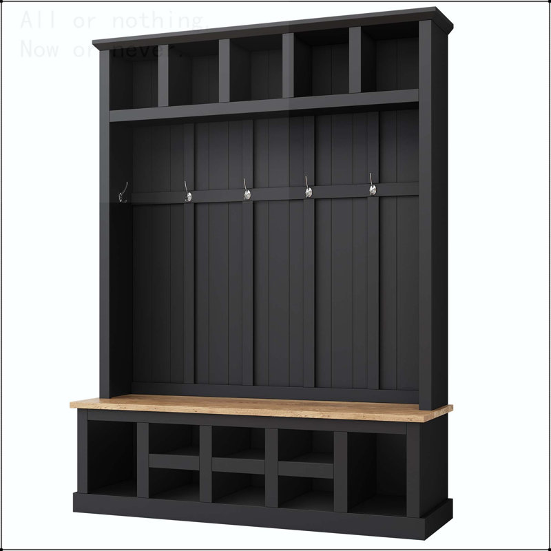 3-in-1 Wooden Hall Tree with Wide Storage Bench and 6 Hooks, Black