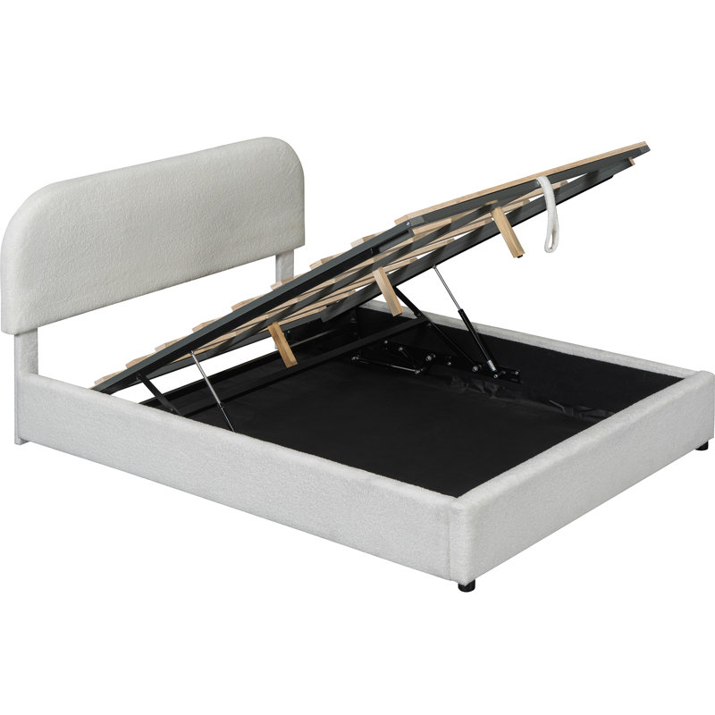 Lit de rangement hydraulique pour lit double avec plateforme recouverte de molleton blanc élégant, Lit double