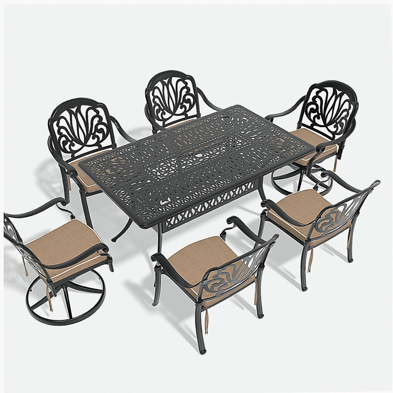 Ensemble de salle à manger 7 pièces en fonte d'aluminium toutes saisons comprenant 2 chaises pivotantes, 4 chaises de salle à manger et une table rectangulaire avec cadre noir (même SKU: W1710S00367)