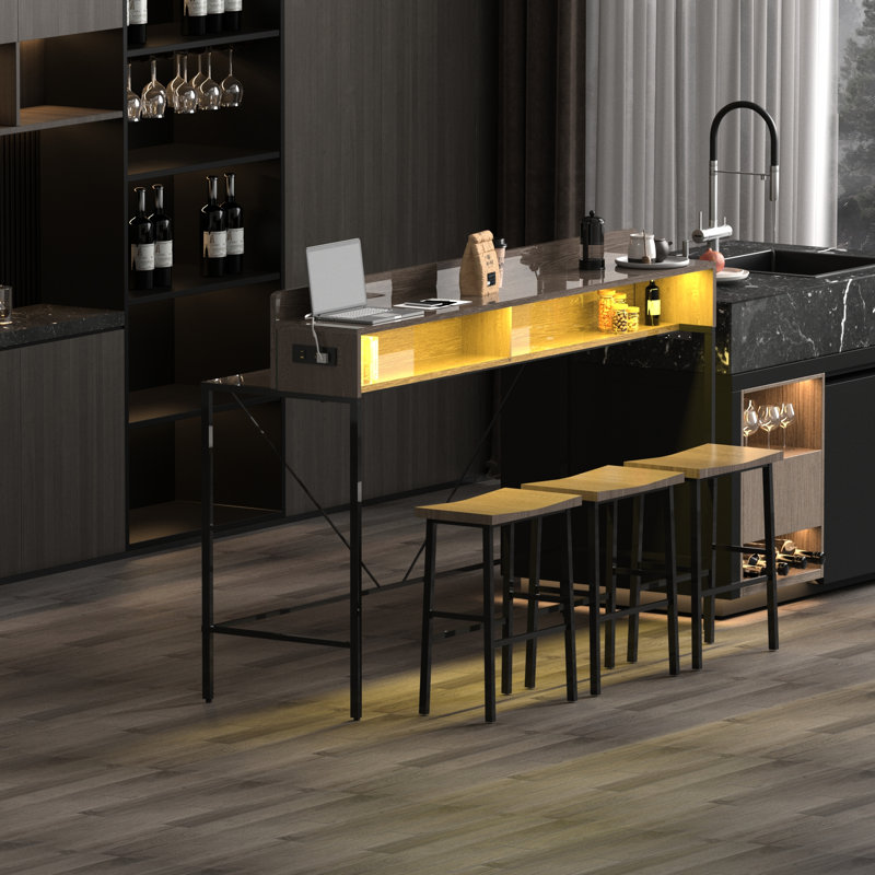 Table de bar et chaises de 4 pièces: table de 59 pouces, 3 tabourets de selle, 2 prises de courant alternatif, 1 ambiance à DEL, Scratch, pour les espaces de salle à manger avec prise de courant, cuisine de chambre, structure en tube d'acier, niveau E1 élevé
