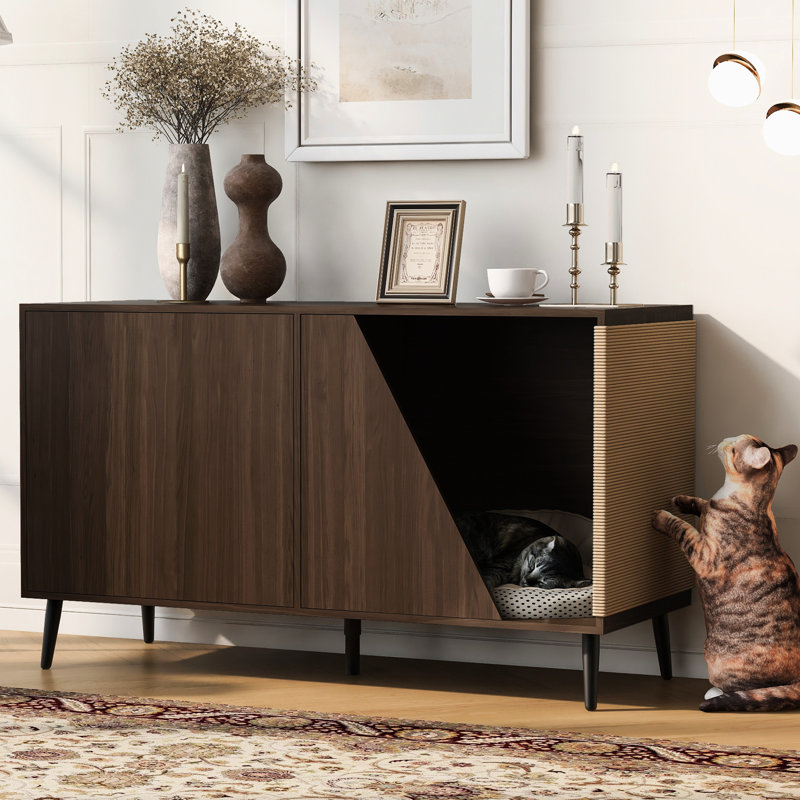 Maison pour chat avec rangement - noyer de style meuble, nettoyage facile, griffoirs fonctionnels et porte, confortable, profondeur 52,69 po, largeur 20,15 po, hauteur 30,78 po, conception noyer en bois 96,47 lb