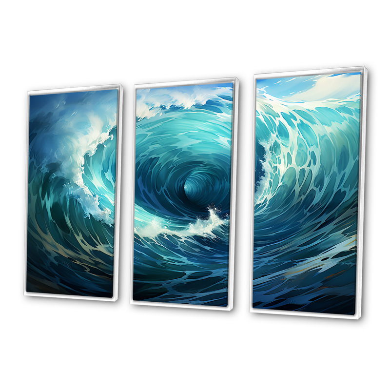 Tempête tropicale, vagues de surf - art mural bord de mer tropical, H 28 po x l 36 po x P 1 po, Cadre flottant blanc