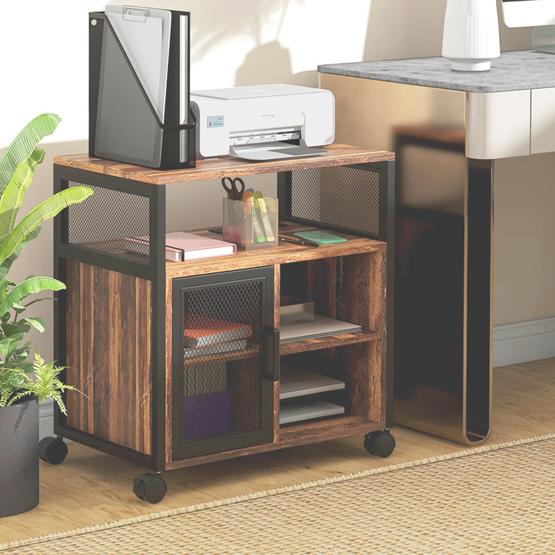 Support pour imprimante avec douille, brun rustique. Rangez les articles de bureau. Chargez les appareils. Mobile et polyvalent pour la maison. Soigneusement essentiels. Déplacez les roues librement. Accessoire