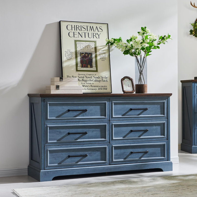 Blue and Brown 52" Farmhouse 6-Drawer Dresser with Rustic Wood