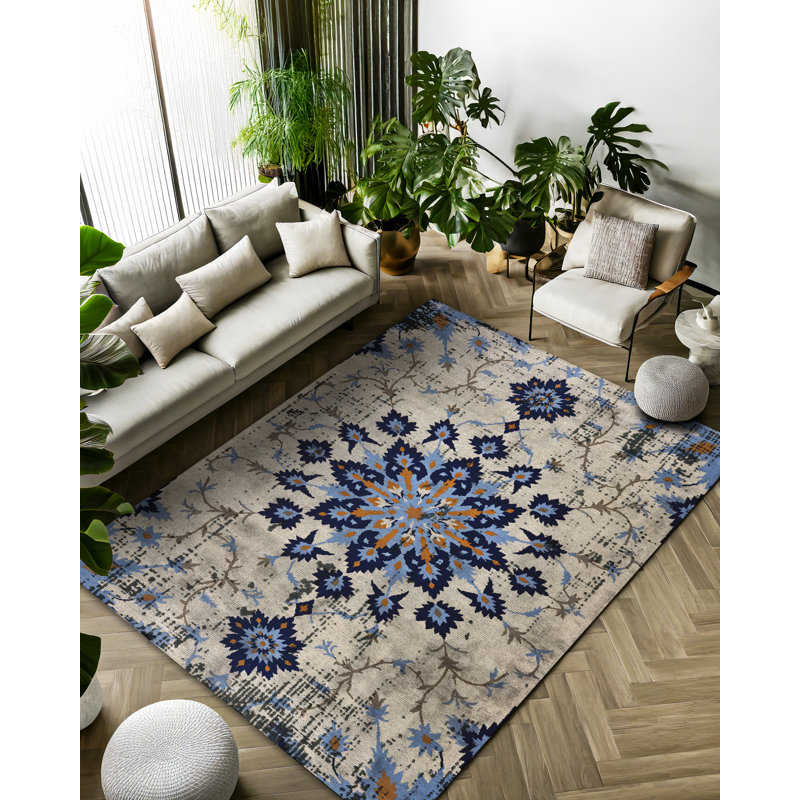 Madeline Collection Digital Print Cotton-Polyester Blue Gray Moroccan Rug, Runner 3'4" x 14'10"
