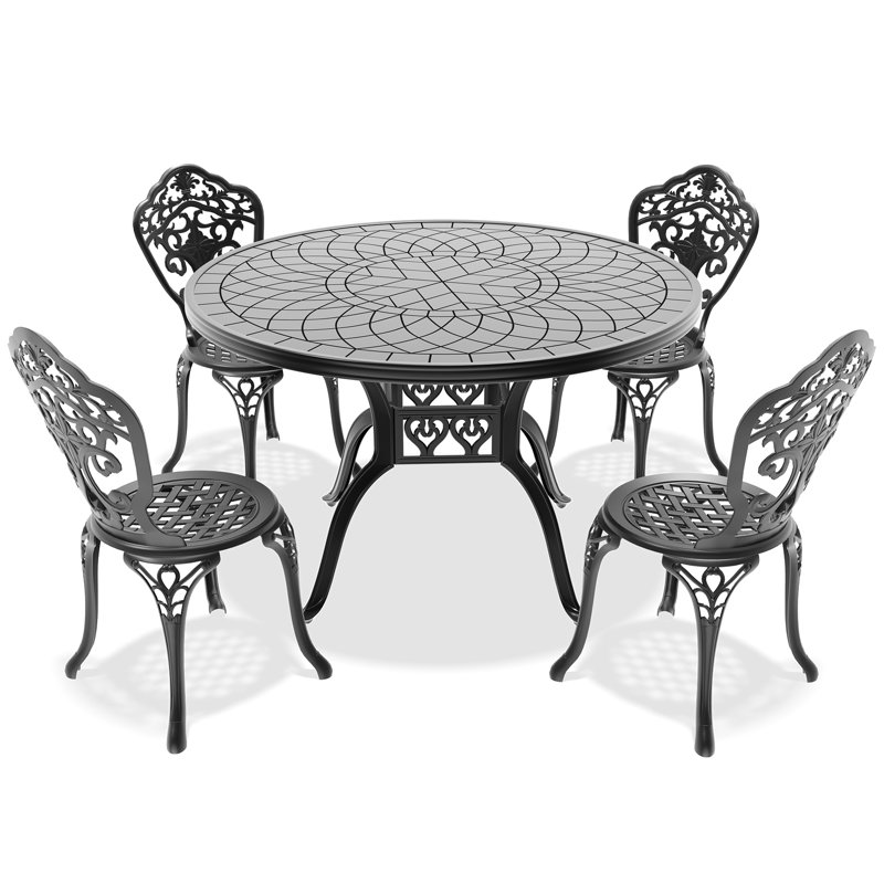 Ensemble de salle à manger 5 pièces en aluminium moulé résistant aux intempéries, cadre noir, design raffiné, siège ergonomique et confortable, tapis antidérapant, montage facile
