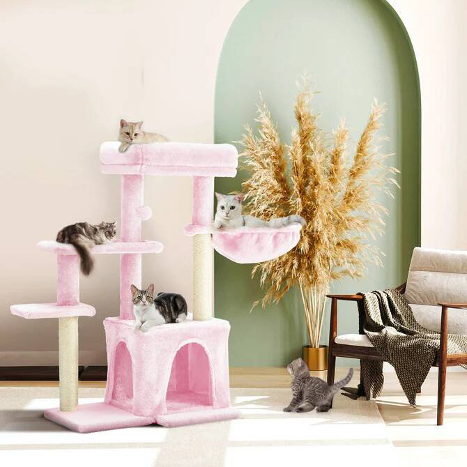 Tour pour arbres à chat à niveaux multiples de 33 pouces avec chats spacieux, poteau à griffes et caractéristiques interactives - maisonnette idéale pour le plaisir des félins, rose