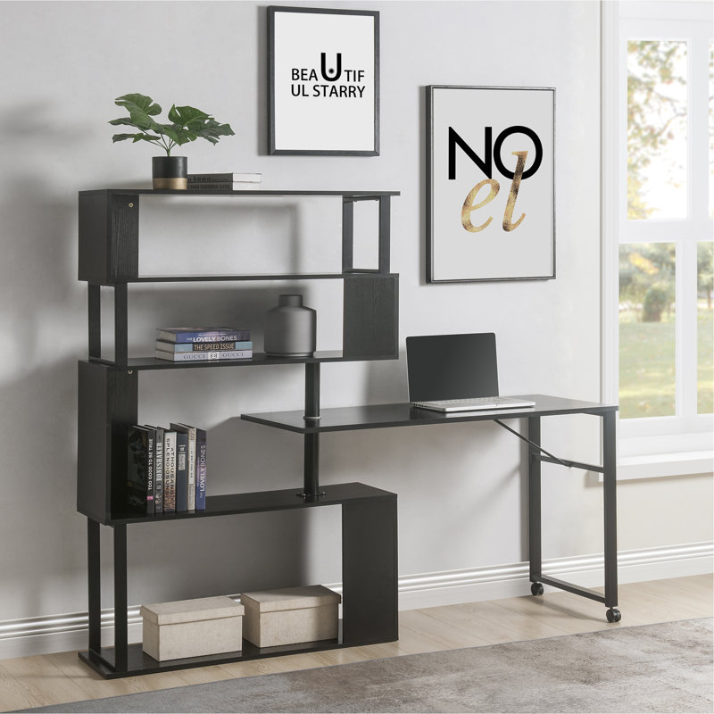 Home Office Computer Desk L-Shaped Corner Table, Rotating Computer Table With 5-Tier Bookshelf, Four Installation Methods, Lockable Casters (Black)