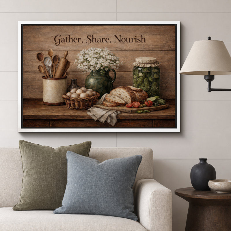 «Gather Part Nourish Rustic Kitchen Still Life», photos de salle à manger, impression sur toile encadrée, Cadre blanc