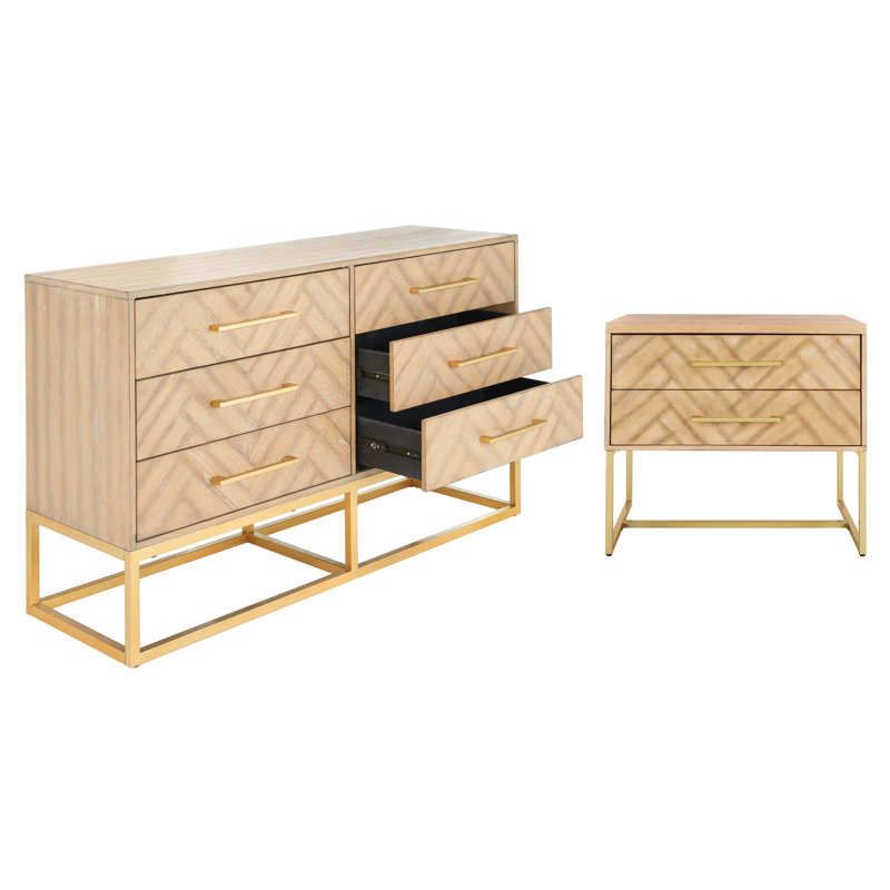 Sheldon 2 Piece Bedroom Set, Rustic Oak/Brass