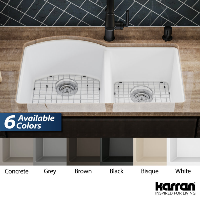 Karran Quartz 32'' X 21'' Double Bowl 60/40 Undermount Kitchen Sink Kit, White