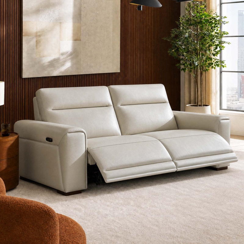  Ollie 85.83'' Wide Genuine Leather White Ivory  Power Wall Reclining Sofa With USB Ports