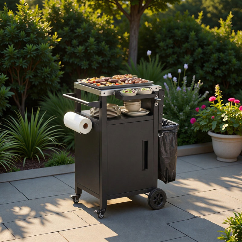 Chariot de barbecue 33,9 po avec abattant, table de four à pizza en métal pour l'extérieur, plateau en acier inoxydable
