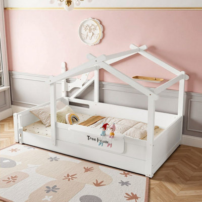 Lit simple pour enfants Montessori - profil bas avec garde-corps, plateau intégré et panneau personnalisé, blanc