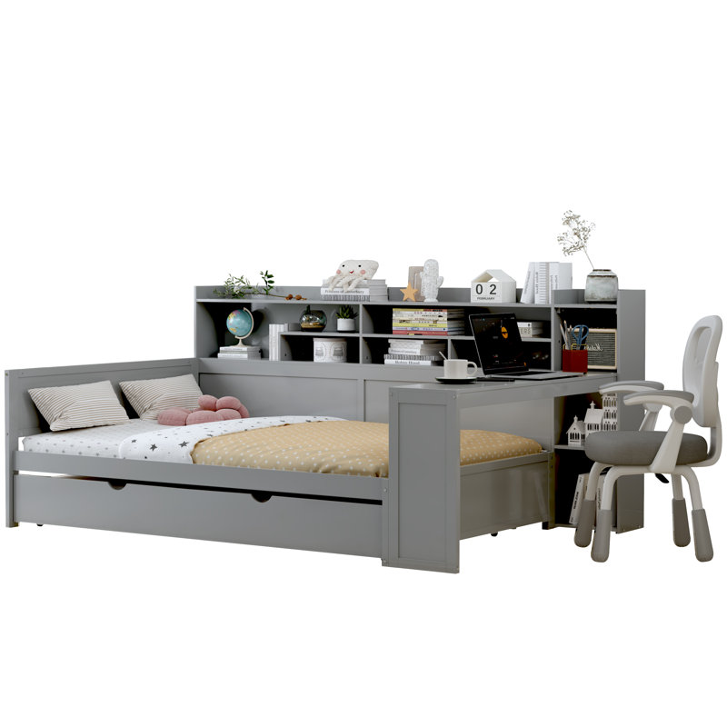 Lit de jour double avec lit gigogne et bureau - Lit de rangement peu encombrant, Gris, Complet/Double