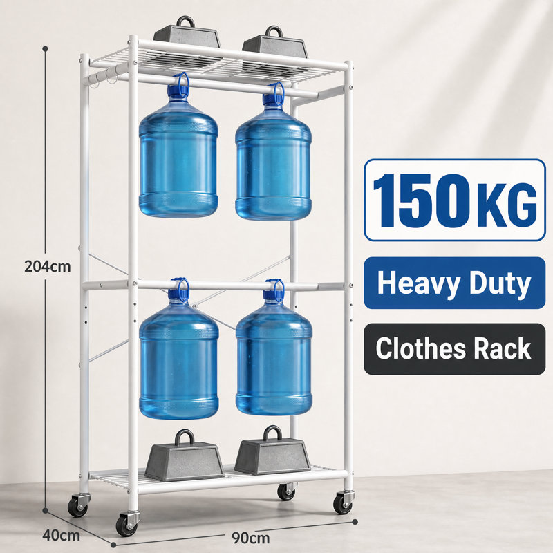 204 cm Clothes Rail with Adjustable Shelves and Castors, White