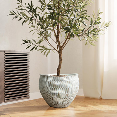 White and Gold V-Pattern Polyresin Round Planter