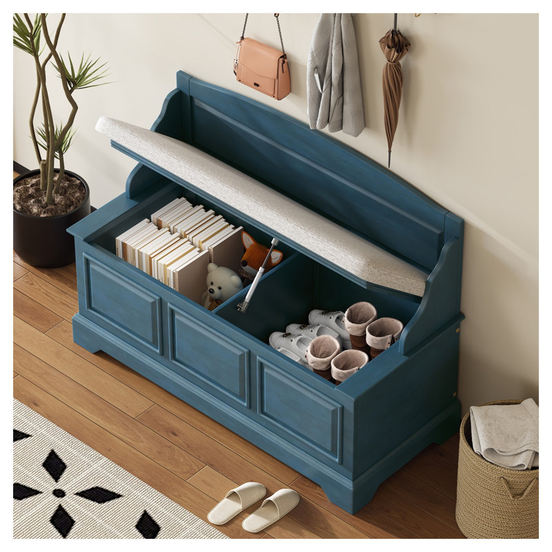 Banc de rangement à chaussures rétro TREXM avec couvercle à fermeture douce et siège rembourré, organisateur d'entrée en MDF bleu marine antique