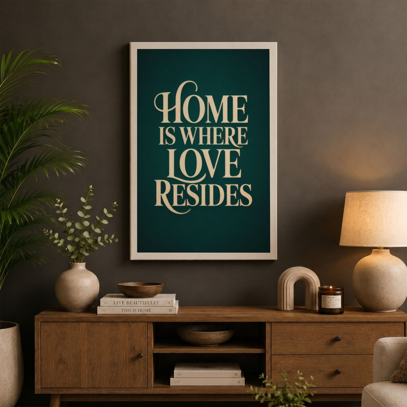 Home Is Where Love Resides Typography - Wrapped Canvas, 18x12 - 45.7 x 30.5 cm, Taupe Border