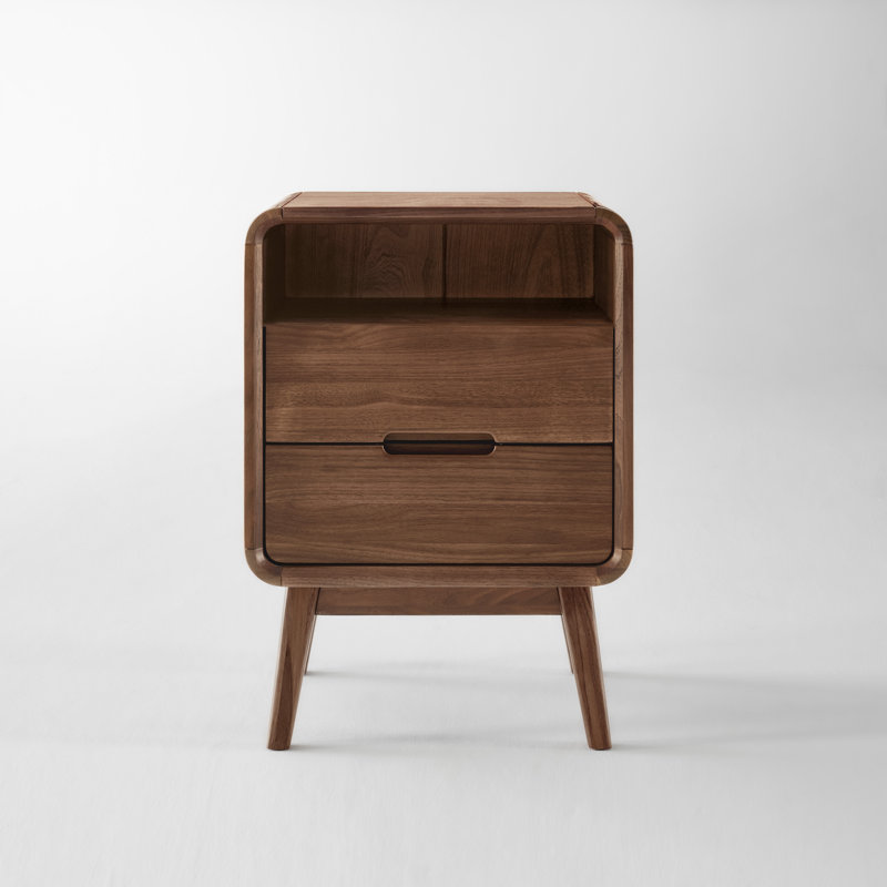 Ensemble de 2 tables de chevet en bois massif MCM avec 1 tiroir et tablette ouverte MCM, Noyer américain