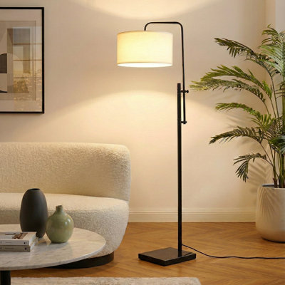 Leo 72" Modern Height-Adjustable LED Floor Lamp with Black Finish, Black Marble Base, and White Drum Shade, Bulb Included