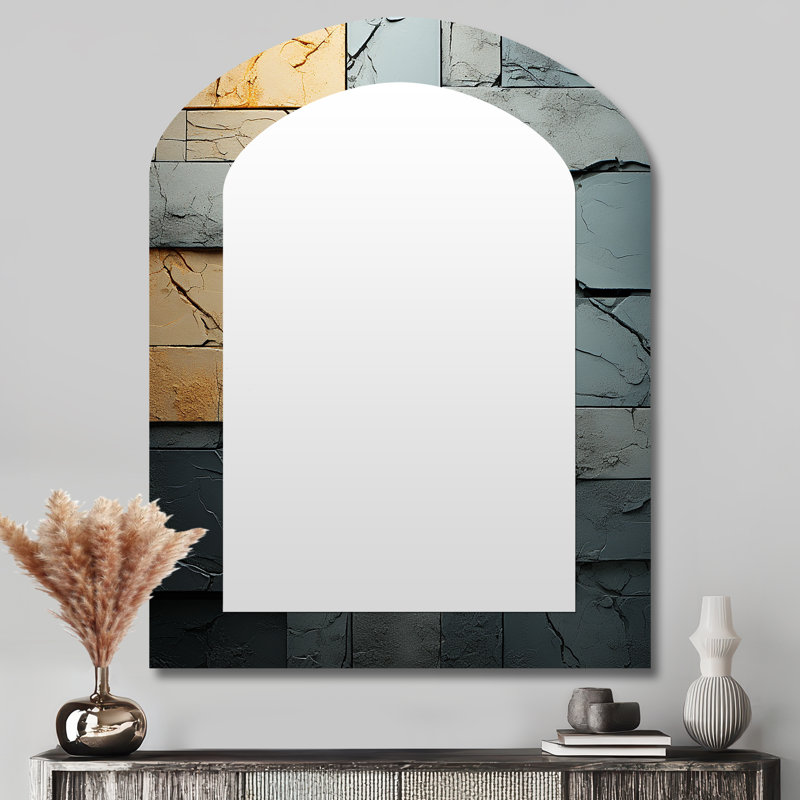 Gris gris et noir Urban Cubist Stones II - miroir mural cubique asymétrique, miroir décoratif arche moderne, impression d'art en métal