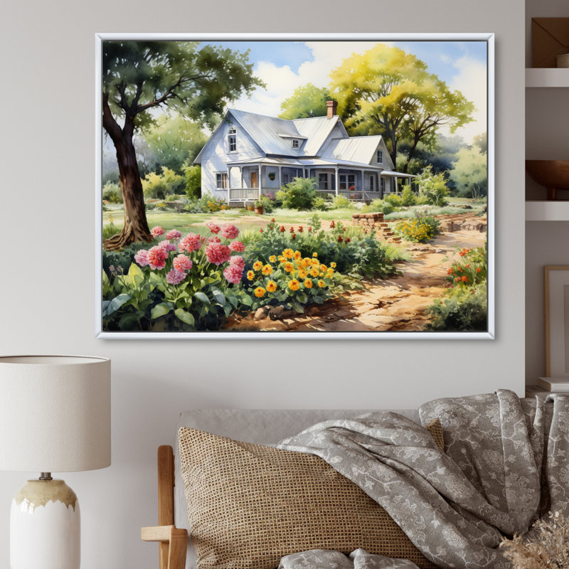 Farmhouse Frontyard Oasis I - Décoration murale de ferme, H 12 po x l 20 po x P 1 po, Cadre flottant blanc