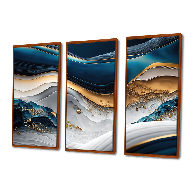 «Abstract Geode Waves Blue II», reproduction sur toile 3 pièces, Cadre flottant brun, H 40 po x l 60 po x P 1 po