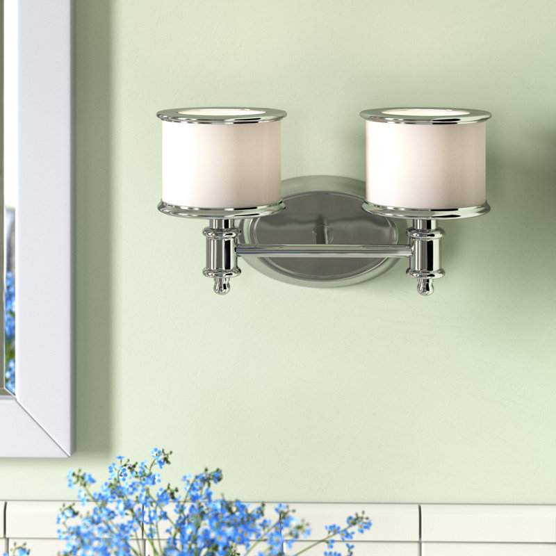 Newberry 2-Light 13.75 inch Wide Chrome Transitional Bathroom Vanity Lighting Fixture, White Frosted Opal Glass Shade, Dimmable, LED Compatible, Reversible Over the Mirror Mounted Wall Sconce