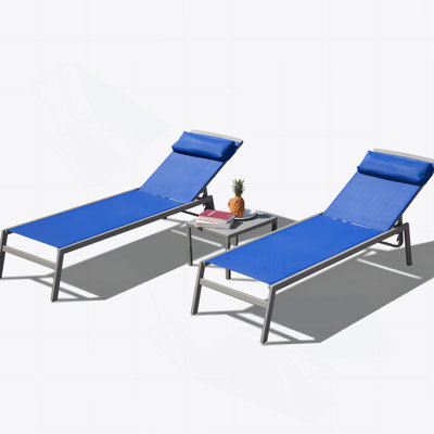 Patio Chaise Lounge Set, 3 Pieces Aluminum Adjustable Pool Recliners With Textilene Fabric And Side Table For Outdoor Relaxation
