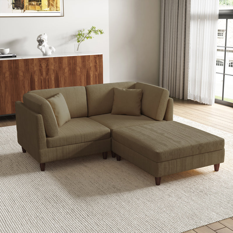 3 - Piece Upholstered Camel Corduroy Modular Sectional with Pillow Back and Removable Ottoman, Camel Corduroy