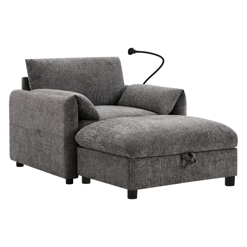 Simple de 38 pouces avec rangement surdimensionné, accessoire de téléphone pratique, capacité de charge, rangement pour accoudoirs et support réglable en tissu chenille, fonction, compartiments latéraux, style oreiller